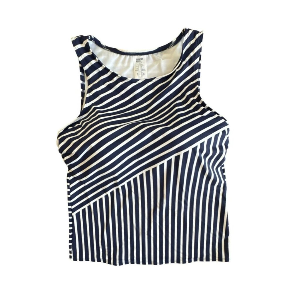Lands' End Tankini Top 16L Navy White Striped High Neck Tall Slimming Swimsuit